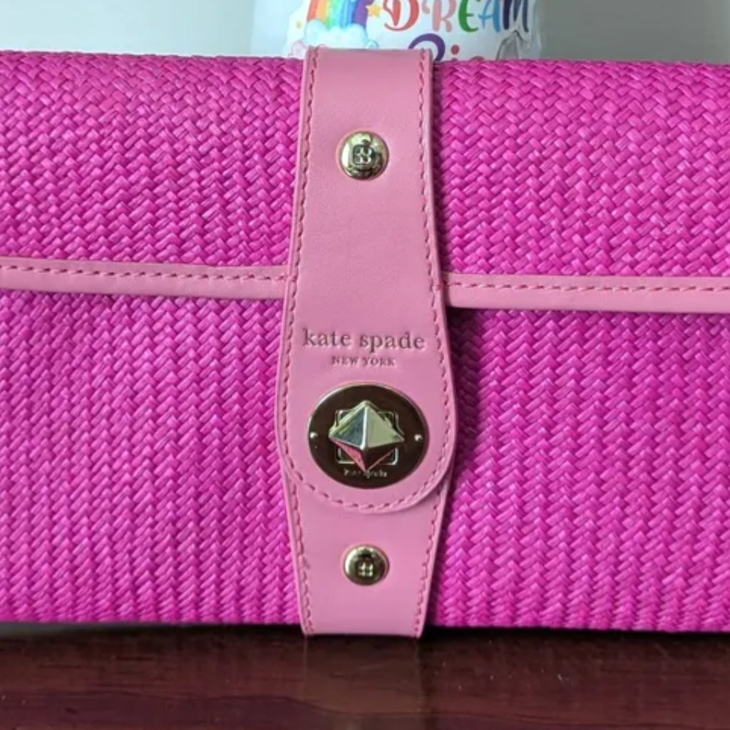 Kate Spade New York Bright Pink Woven Straw Leather Clutch Bag